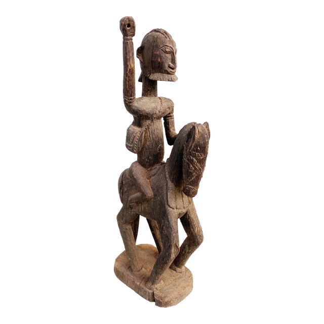 Lg Old African Dogon Hand Carved Wood Horseman Mali 30" H For Sale