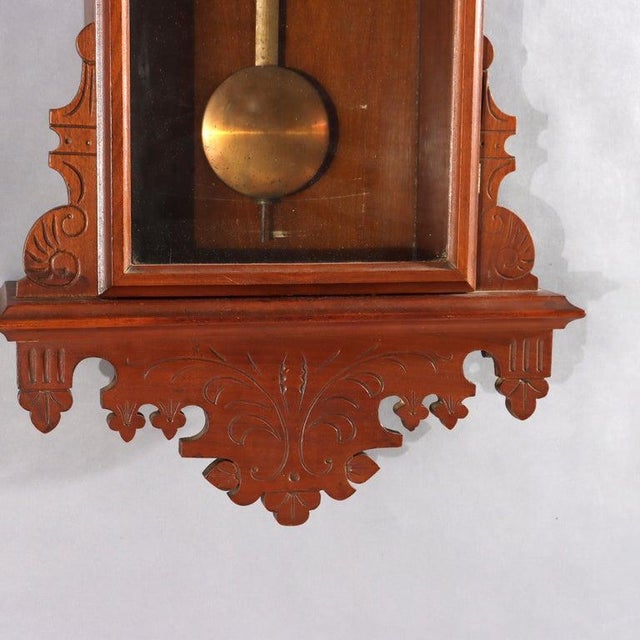 Brown Oversized Antique Chip Carved Walnut Calendar Clock C1890 For Sale - Image 8 of 16