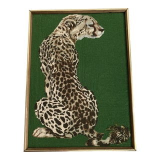 1970s Vintage Cheetah Framed Needlepoint Wall Hanging For Sale