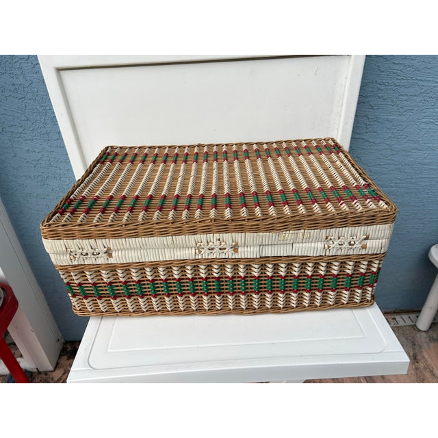 Vintage Wicker and Vinyl Rattan Picnic Basket Red Green and White Picnic Basket Suitcase For Sale - Image 12 of 12