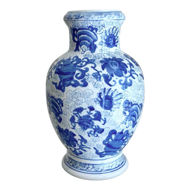 Late 20th-Century Contemporary Blue White Chinoiserie Earthenware Vase For Sale