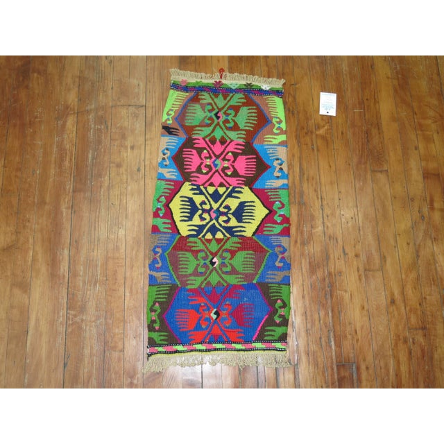 Traditional 20th Century Zabihi Funky Turquoise Lime Color Kilim Flat-Weave - 1'5" x 3' For Sale - Image 3 of 4