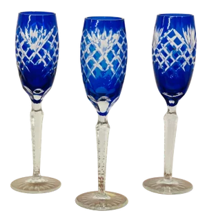 Mid 20th Century Hungarian Cobalt Blue Crystal Champagne Flutes- Set of 3