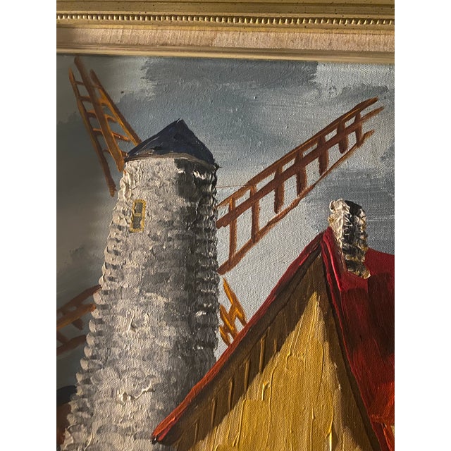 Mid 20th Century Mid-20th Century Windmill & Cottage Landscape Oil Painting on Canvas - Framed & Signed For Sale - Image 5 of 12