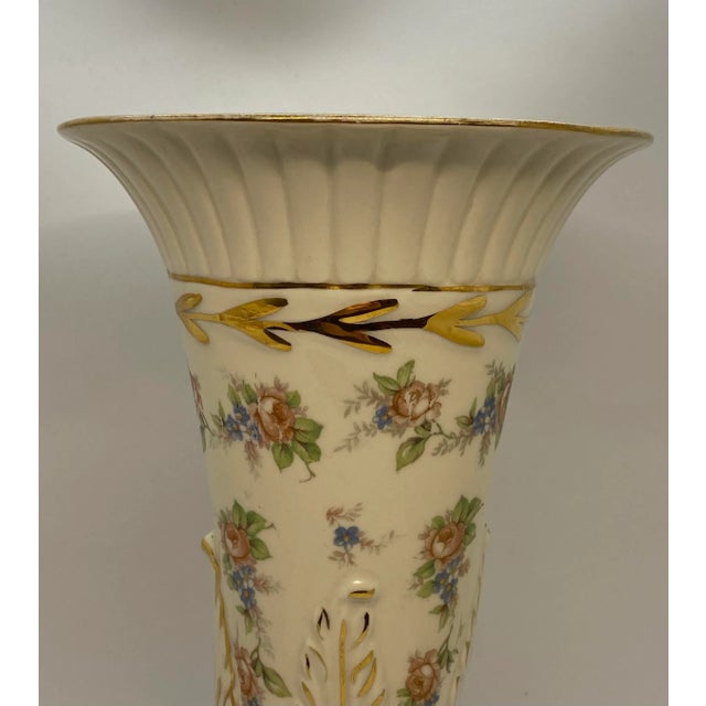 White 1940’s English Hand Decorated “Eaton China” Vases With Pink Roses & Blue Posies Design - a Pair For Sale - Image 8 of 13