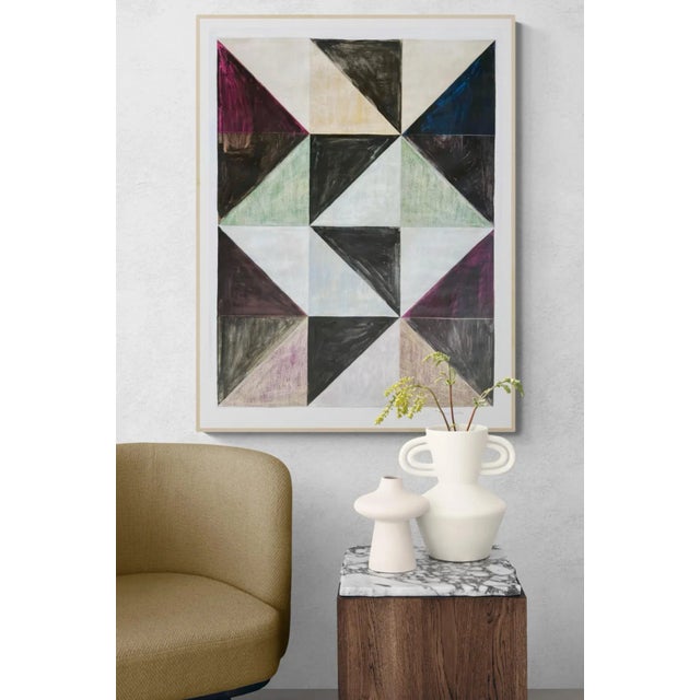 This piece features bold graphic geometric shapes with contrasting colors and textures. Made with acrylic gouache black...