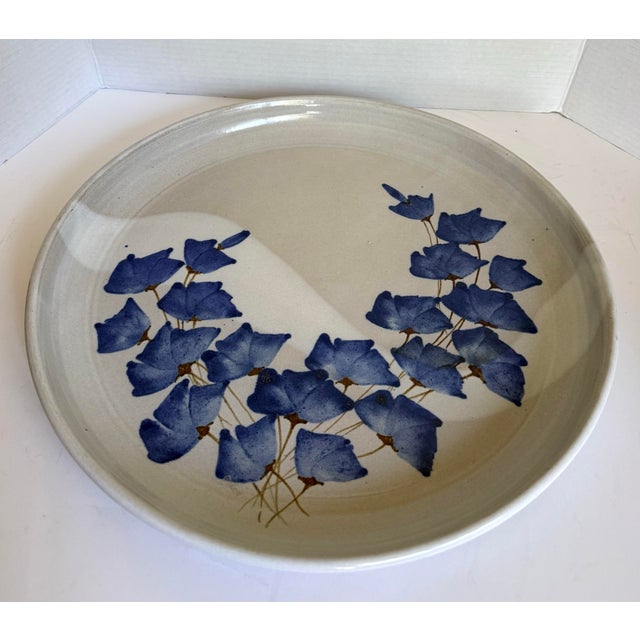 1970s Vintage Studio Pottery Platter With Blue Floral Motif, Signed CHR For Sale - Image 5 of 9