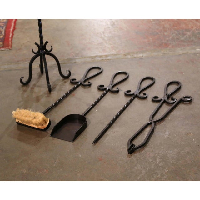Black Vintage French Gothic Wrought Iron Five-Piece Fireplace Tool Set on Stand For Sale - Image 8 of 10