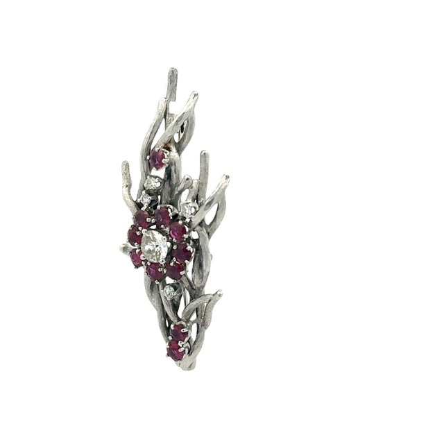 Early 21st Century Ruby Diamond 18k White Gold Floral Motiff Brooch For Sale - Image 5 of 6