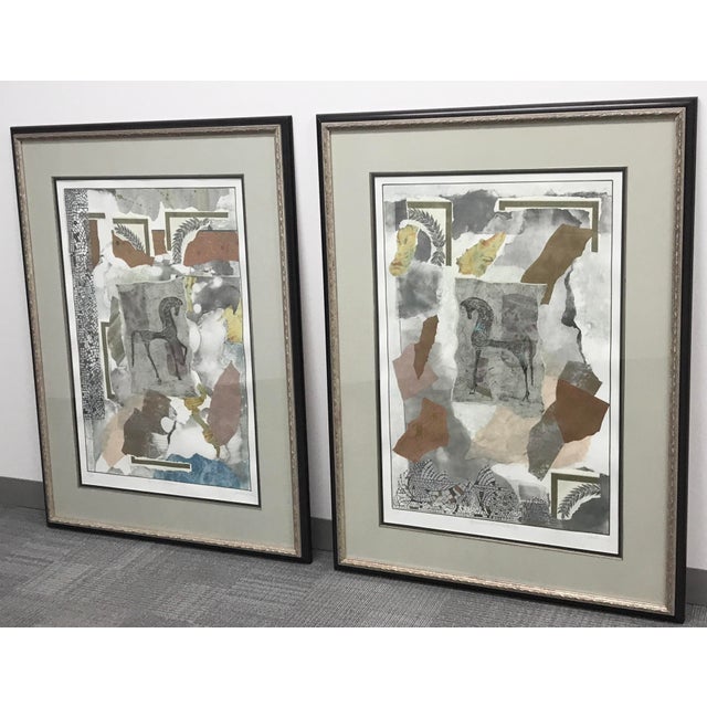 Mediterranean Pair of Original Mixed Medium Gouache Paint & Paper Collage Art With Trojan Horses, Titled Mycenaean Fragments I and II by Liz Jardine For Sale - Image 3 of 12