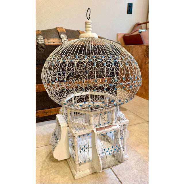 Wood Vintage 1960’s Tunisian/ Morrocan Balloon Bird Cage White W Blue Accent— Beautiful For Sale - Image 7 of 8