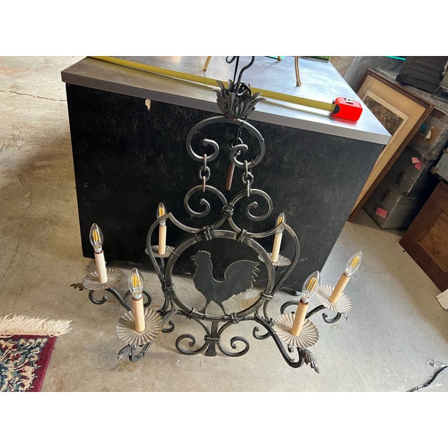 Metal Vintage Black Metal Rustic Style Rooster Chandelier With Leaf Accents For Sale - Image 7 of 9