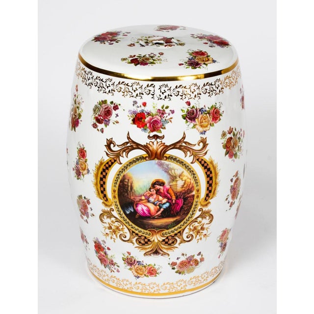 A vintage pair of Japanese inspired porcelain garden seats, late 20th century in date. The seats are of barrel form, and...