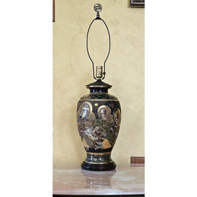 Ceramic Vintage Japanese Satsuma Moriage Porcelain Table Lamp With Buddhist Immortals For Sale - Image 7 of 18