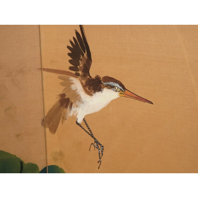 Gold Vintage Oriental Asian Four Panel Screen With Birds & Signed For Sale - Image 8 of 13