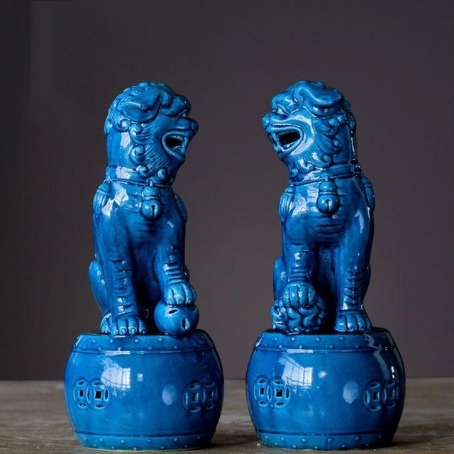 Pair of Blue Glazed Porcelain Guardian Lions – 10.6" Foo Dogs on Drum Bases For Sale - Image 4 of 9