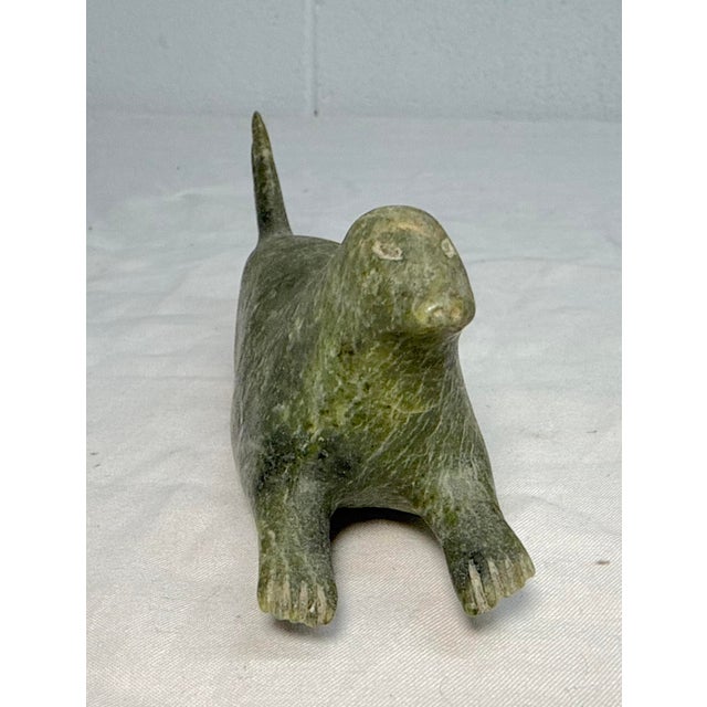 Stone Antique Signed Carved Green Soapstone Canadian Seal Eskimo Sculpture Inuit For Sale - Image 7 of 11