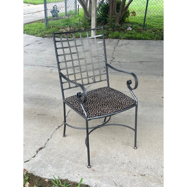 Hollywood Regency 4 Lattice Back Iron Chairs For Sale - Image 3 of 5