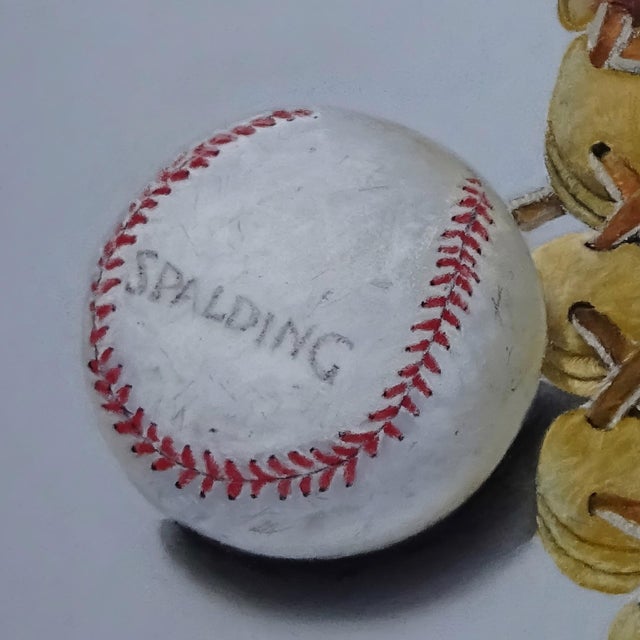 Realism Vintage Catch by Irene Georgopoulou | Soft pastels on paper Baseball glove with two baseballs. For Sale - Image 3 of 5