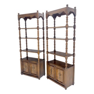 Pair of Solid Oak Spanish Colonial Etageres Shelves w/ Storage Cabinets & Finial For Sale