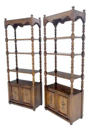 Pair of Solid Oak Spanish Colonial Etageres Shelves w/ Storage Cabinets & Finial
