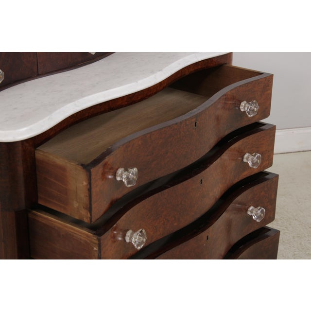 19th Century Antique Empire Burl Walnut Marble Top Dresser W. Mirror For Sale - Image 5 of 18