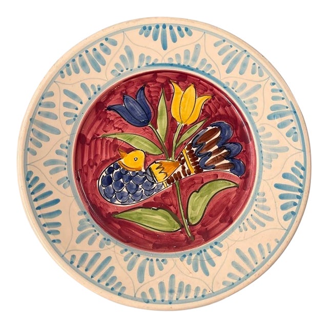 Vintage Hand-Painted Mediterranean Style Terracotta Ceramic Wall Plate – Bird & Tulip Motif For Sale
