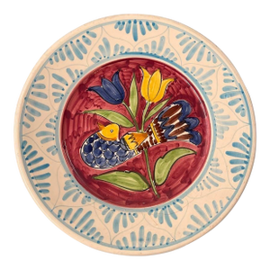 Vintage Hand-Painted Mediterranean Style Terracotta Ceramic Wall Plate – Bird & Tulip Motif