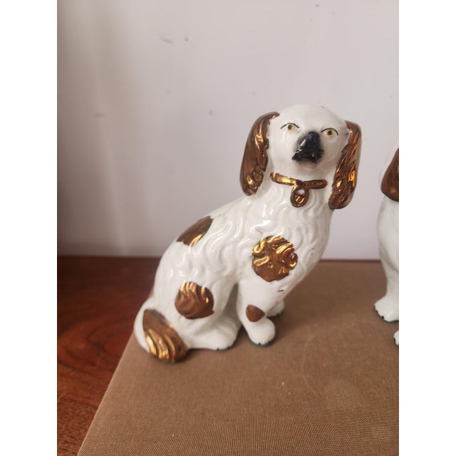 Victorian Vintage Staffordshire Spaniel Dog Figurines Pair, White Gold Ceramic Dogs, Staffordshire Style Dog Statues, Victorian Dog Decor For Sale - Image 3 of 13