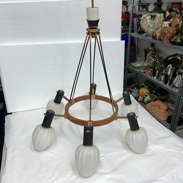 Wood 1960s Stilnovo Style Mid-Century Modern Brass Teak and Glass Italian Chandelier For Sale - Image 7 of 12