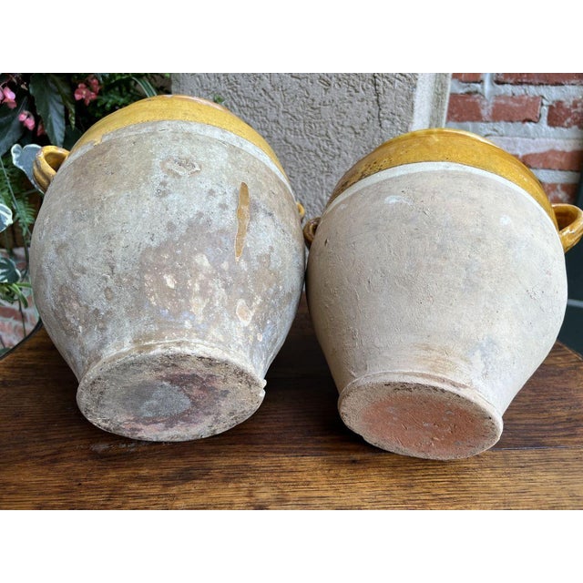 Pair Antique Provincial French Yellow Glazed Pottery Confit Pot Urn Vase Vessel For Sale - Image 12 of 13