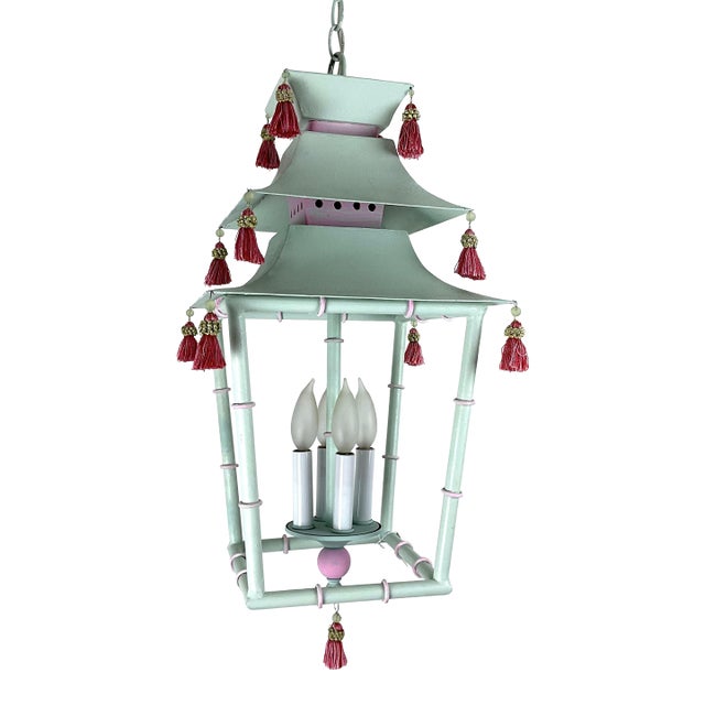 1960s Painted Metal Pagoda Lantern With Silk Tassels For Sale