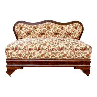 Antique Flame Mahogany Floral Upholstered Slipper Settee Bench For Sale