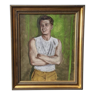 1960s Original Pastel Portrait Drawing of a Young Muscular Man Framed For Sale