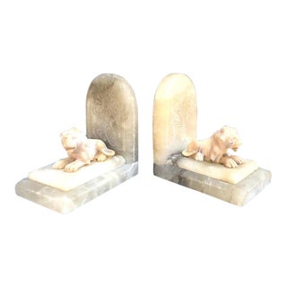 Art Deco Carved White Marble Lion Bookends - a Pair For Sale