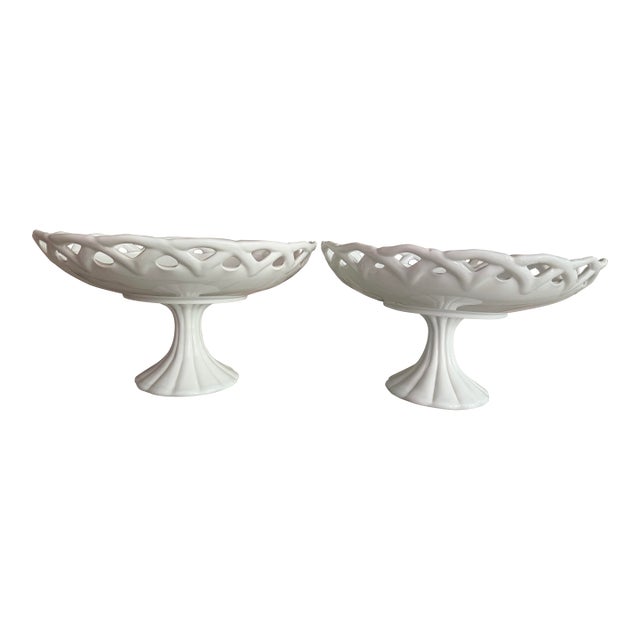 1950s Milk Glass Footed Centerpiece, Pair For Sale