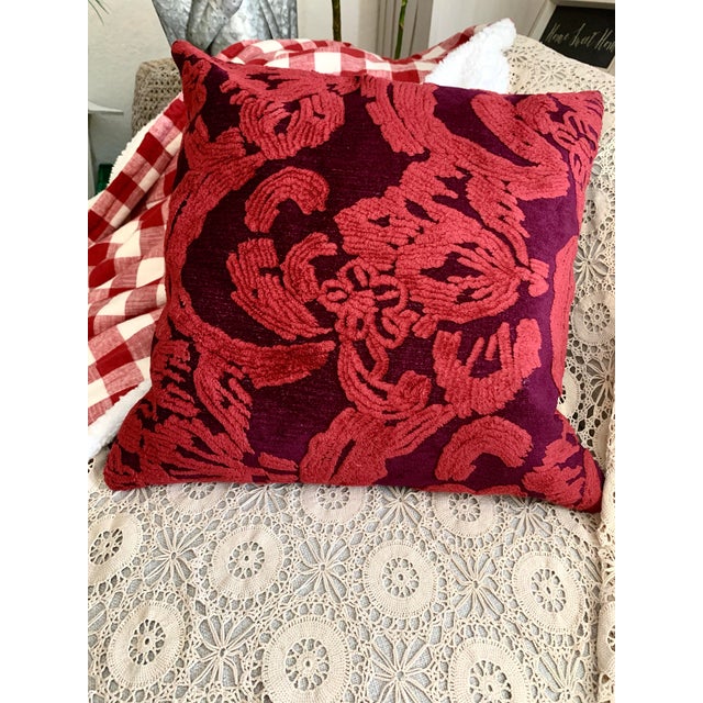 Contemporary Discontinued Pottery Barn Natalia Damask Chenille Red Pillow Covers 22x22 For Sale - Image 3 of 12