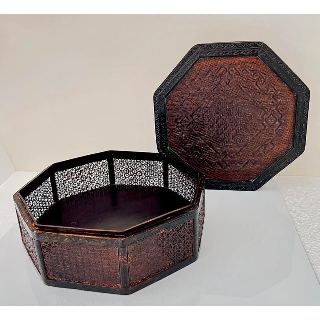 Antique Chinese Woven Wicker and Bamboo Octagonal Lacquered Box | Chairish