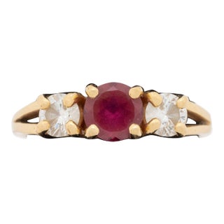 14k Yellow Gold Pink Tourmaline and Diamond Three-Stone Ring For Sale