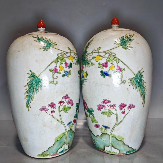 Vintage Chinoiserie Famille Rose Floral & Bird Lidded Jars - A Pair For Sale - Image 4 of 9