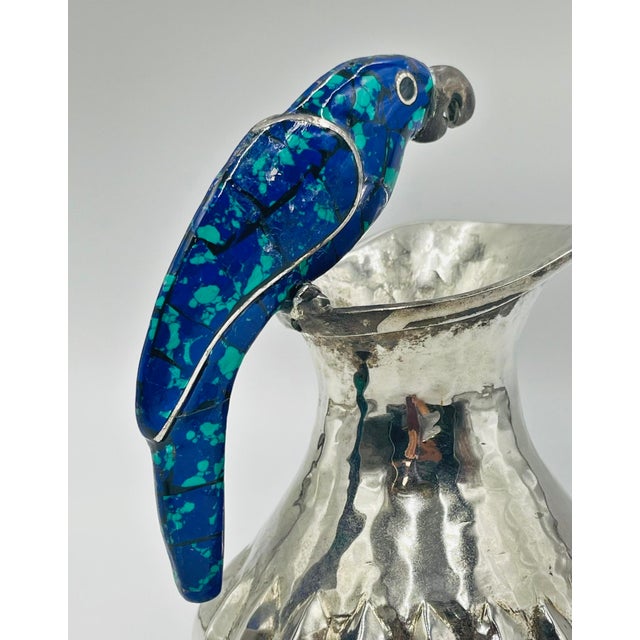 Silver Parrot Pitcher With Lapis and Turquoise Inlay, Los Fajardo, Mexico 1960s For Sale - Image 9 of 16