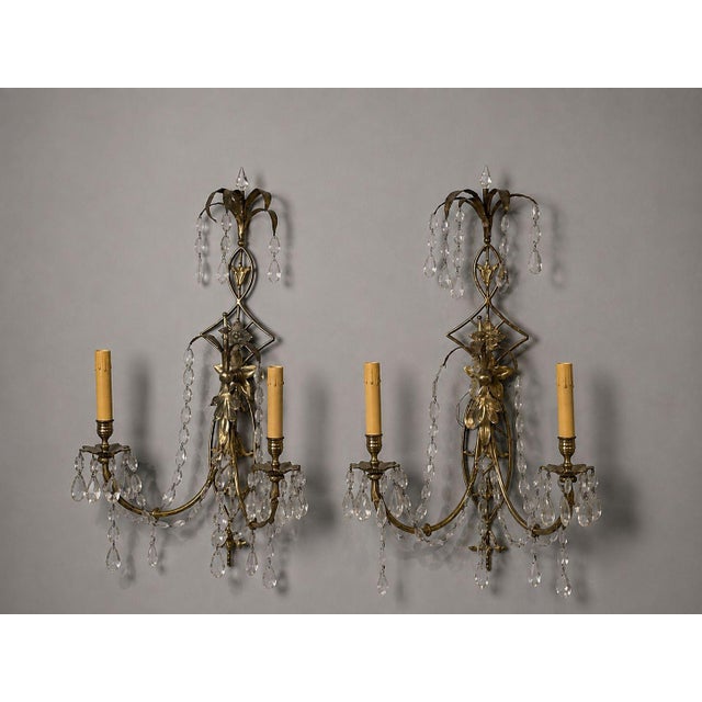 Neoclassical 1950s Neoclassical Style, Wall Sconces, Bronze, Crystal, France - a Pair For Sale - Image 3 of 11
