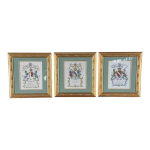 3 Framed Armorial Engravings Figural Coat of Arms Family Crest Heraldic Prints