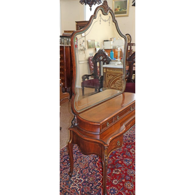 French Louis XV Style Walnut Inlaid Acid Etched Vanity Circa 1920's For Sale - Image 9 of 16