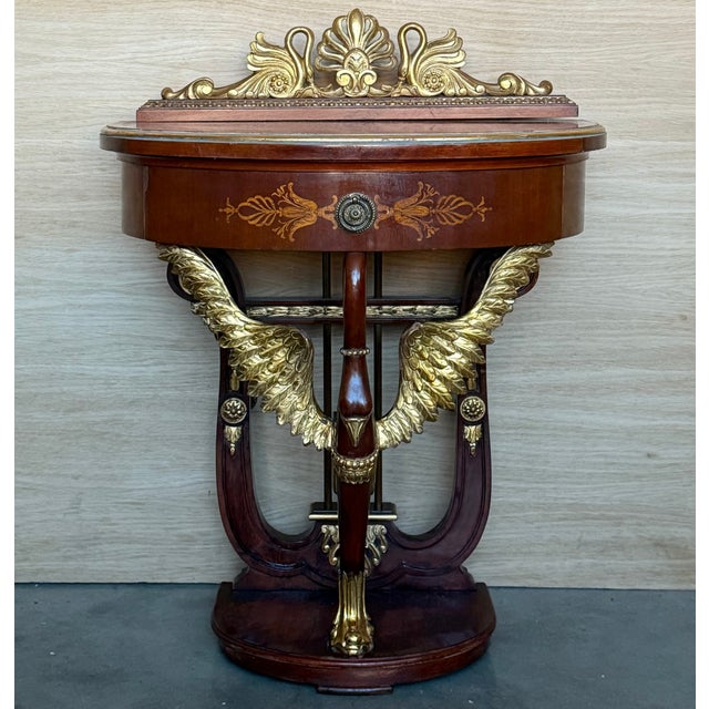 20th century pair of demilune swan nightstands with white marble top completely restored.