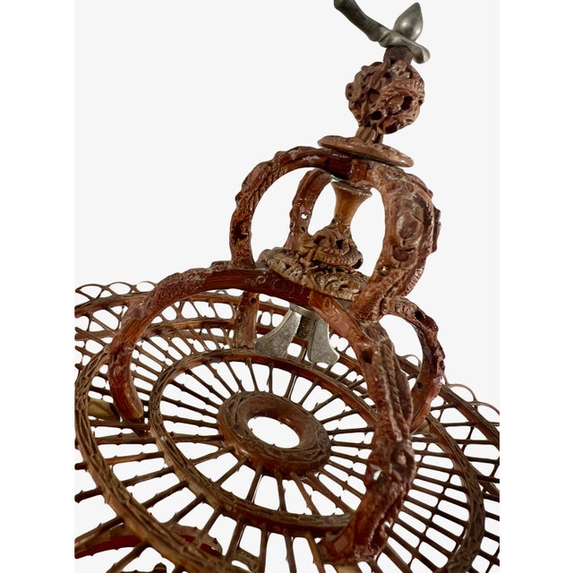 1980's Vintage Intricately Hand Made Bamboo Bird Cage With Celadon Feeders and Dragons For Sale - Image 11 of 11