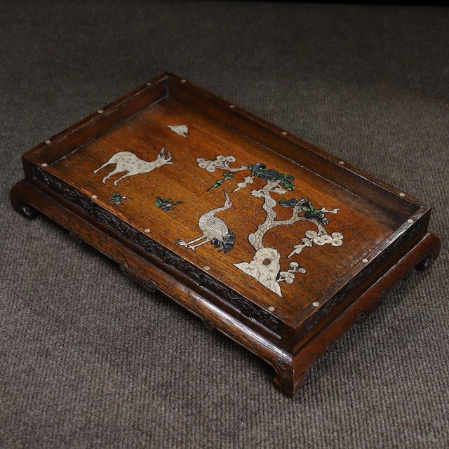 Huali Rosewood Tray Inlaid With Mother-of-Pearl Deer & Crane For Sale In Los Angeles - Image 6 of 10