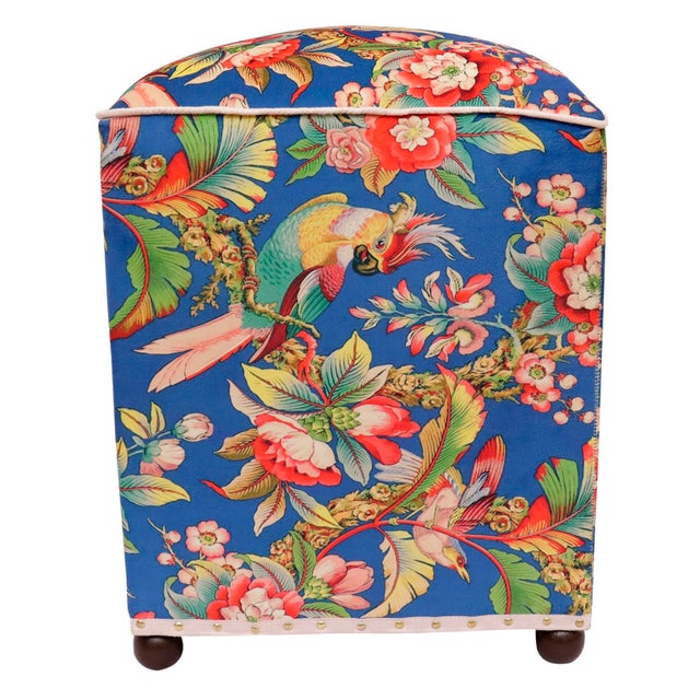 Shabby Chic Shabby Chic Edwardian Parrot Velvet Upholstered Ottoman For Sale - Image 3 of 9