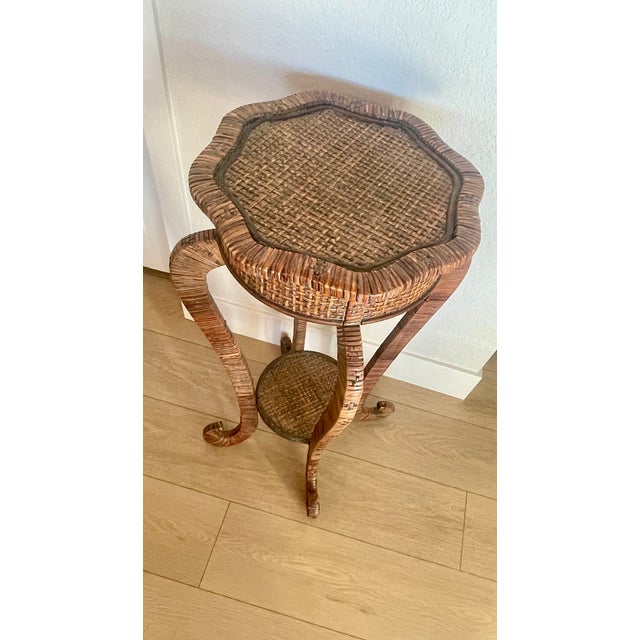 Early 20th Century Antique Victorian Rattan Curved Leg Plant Stand With Shelf For Sale - Image 5 of 12