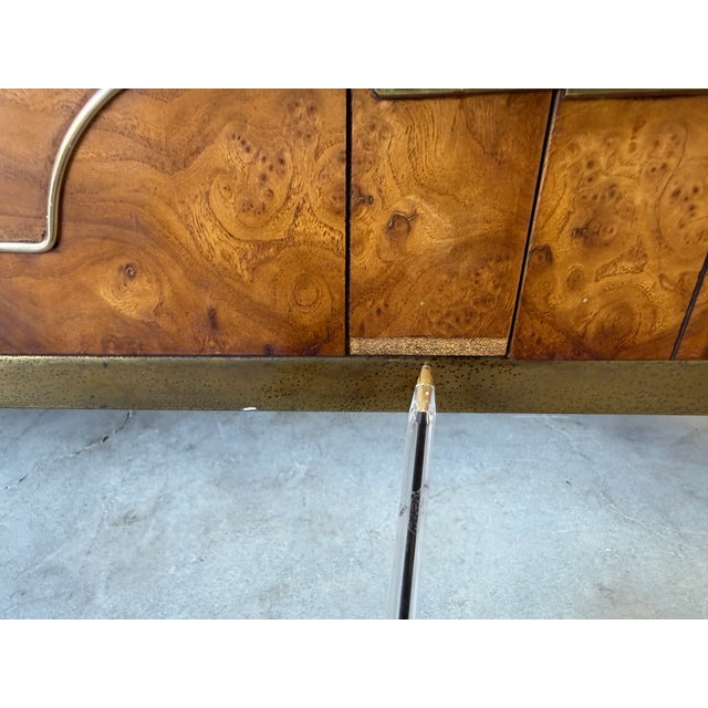 Vintage William Doezema Style Mastercraft Burl Wood Credenza With Brass Greek Key Details For Sale - Image 11 of 18